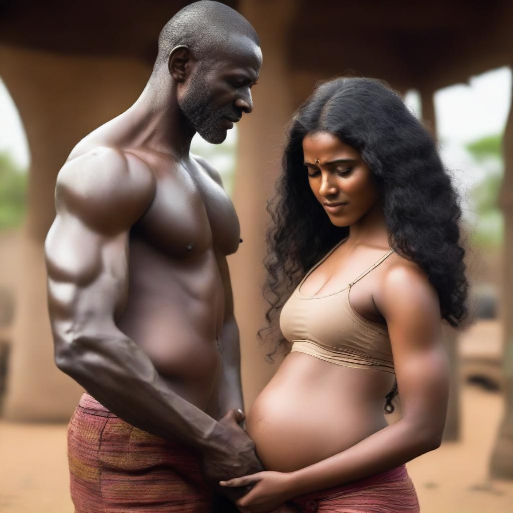 Two muscular African black men gently placing their hands on the belly of a slim Indian girl