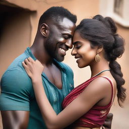 Two muscular African black men hugging a pretty and beautiful Indian girl