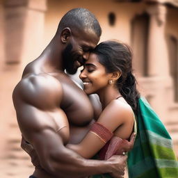 Two muscular African black men hugging a pretty and beautiful Indian girl