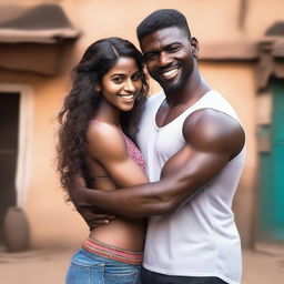 Two muscular African black men hugging a pretty and beautiful Indian girl