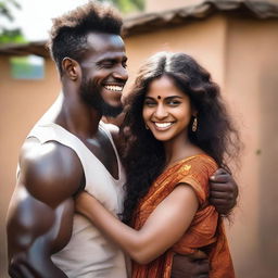 Two muscular African black men hugging a pretty and beautiful Indian girl