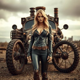 A beautiful blonde woman wearing leather stands confidently in front of an enormous three-wheeled steam-powered vehicle