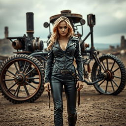 A beautiful blonde woman wearing leather stands confidently in front of an enormous three-wheeled steam-powered vehicle