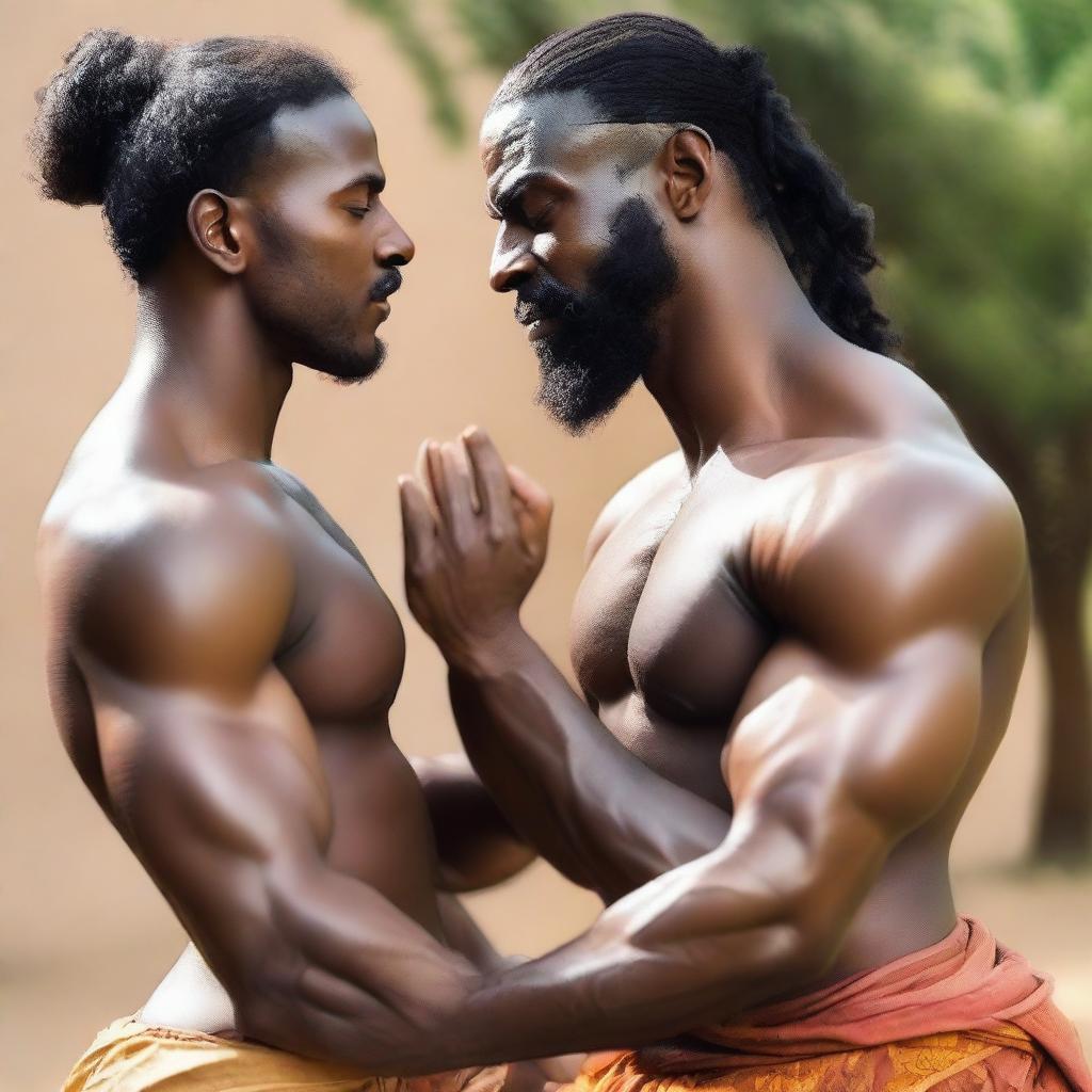 Two muscular African black men gently touching a pretty, beautiful Indian girl with fair skin