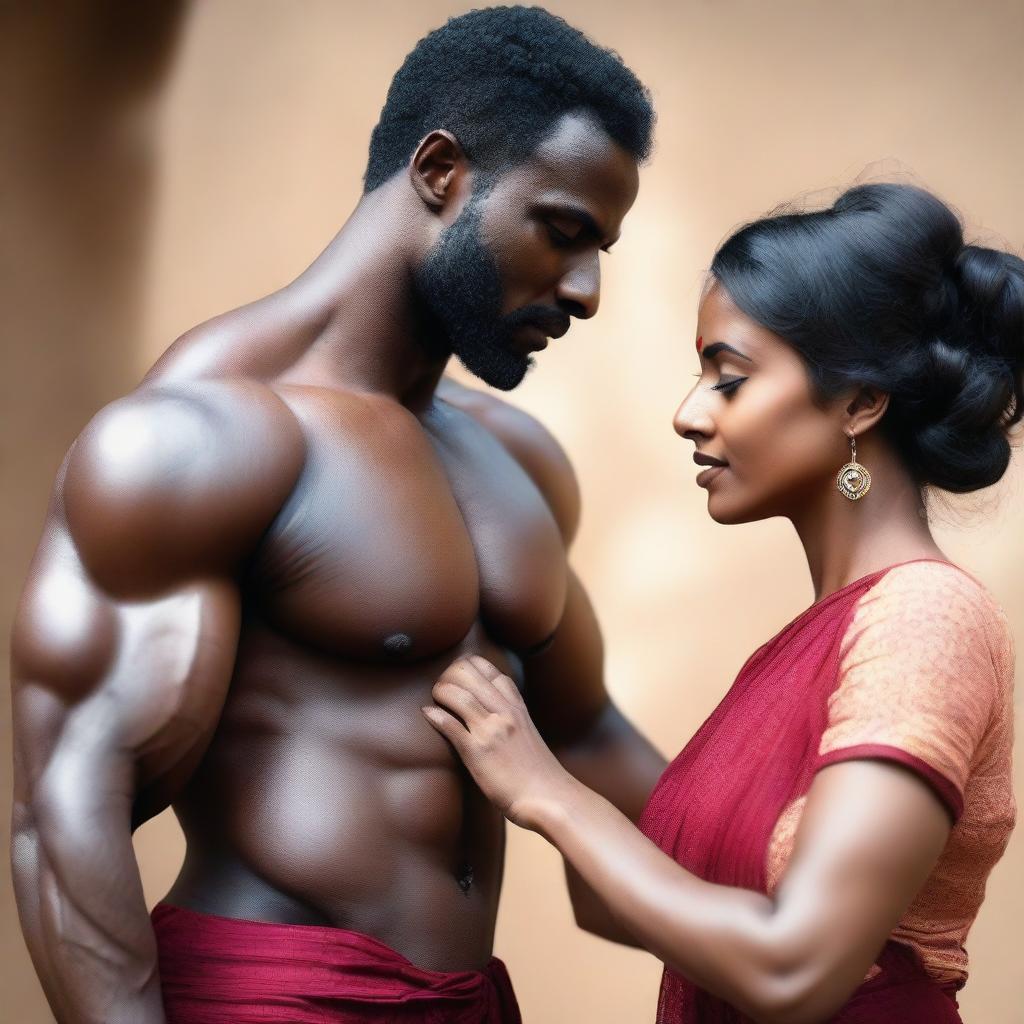 Two muscular African black men gently touching a pretty, beautiful Indian girl with fair skin