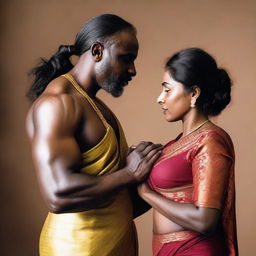 A muscular African black man gently touching the navel of an Indian woman dressed in a saree, who appears to be a domestic worker