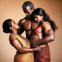 A muscular African black man gently touching the navel of an Indian woman dressed in a saree, who appears to be a domestic worker