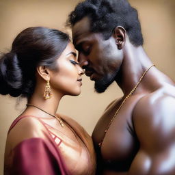 A muscular African black man gently kissing the navel of a beautiful Indian woman dressed in a saree