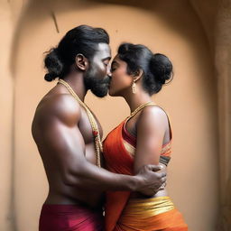 A muscular African black man gently kissing the navel of a beautiful Indian woman dressed in a saree