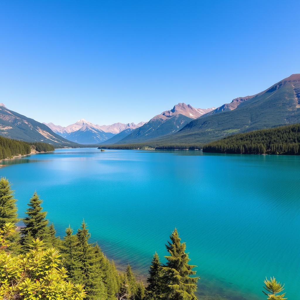 A beautiful landscape featuring a serene lake surrounded by lush greenery and mountains in the background under a clear blue sky