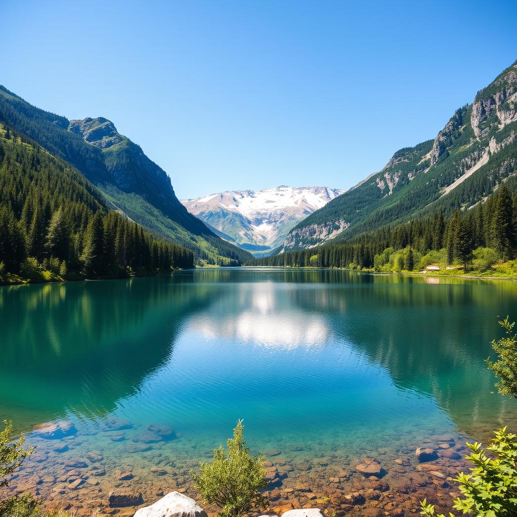 A beautiful landscape featuring a serene lake surrounded by lush greenery and mountains in the background under a clear blue sky