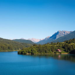 A beautiful landscape featuring a serene lake surrounded by lush greenery and mountains in the background under a clear blue sky