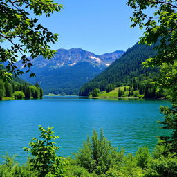 A beautiful landscape featuring a serene lake surrounded by lush greenery and mountains in the background under a clear blue sky