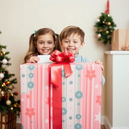 A young girl and boy stand behind a large, beautifully wrapped gift box