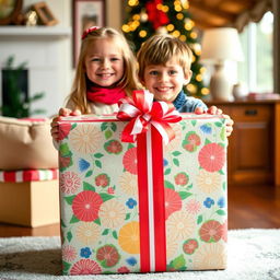 A young girl and boy stand behind a large, beautifully wrapped gift box