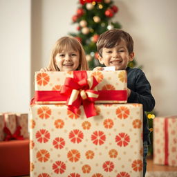 A young girl and boy stand behind a large, beautifully wrapped gift box