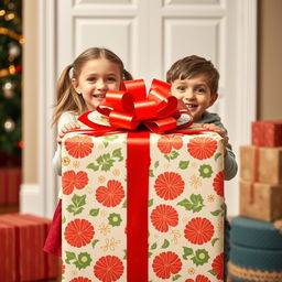 A young girl and boy stand behind a large, beautifully wrapped gift box