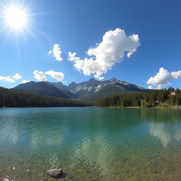 A serene landscape featuring a crystal-clear lake surrounded by lush green forests and majestic mountains in the background