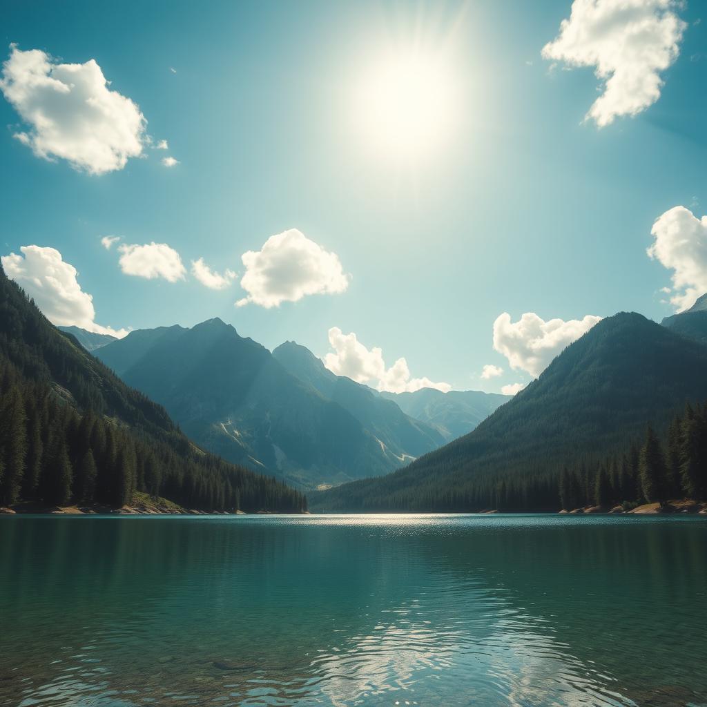 A serene landscape featuring a crystal-clear lake surrounded by lush green forests and majestic mountains in the background