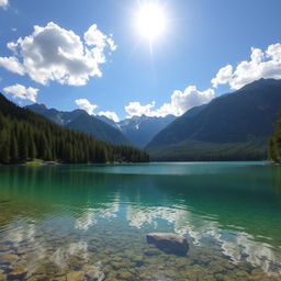 A serene landscape featuring a crystal-clear lake surrounded by lush green forests and majestic mountains in the background