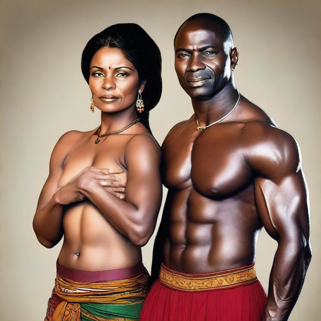 A muscular African black man without a shirt standing next to a beautiful Indian aunty