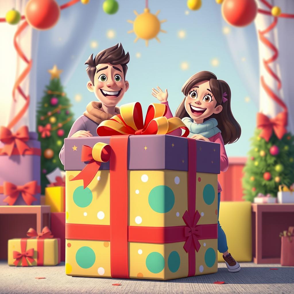 An animated man and woman stand behind a large, beautifully wrapped gift box