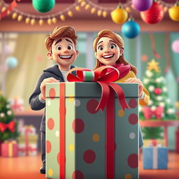 An animated man and woman stand behind a large, beautifully wrapped gift box