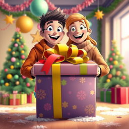 An animated man and woman stand behind a large, beautifully wrapped gift box