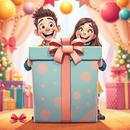 An animated man and woman stand behind a large, beautifully wrapped gift box