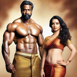 A muscular black man standing next to an Indian actress dressed in a saree, with her navel visible