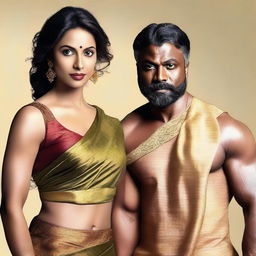 A muscular black man standing next to an Indian actress dressed in a saree, with her navel visible