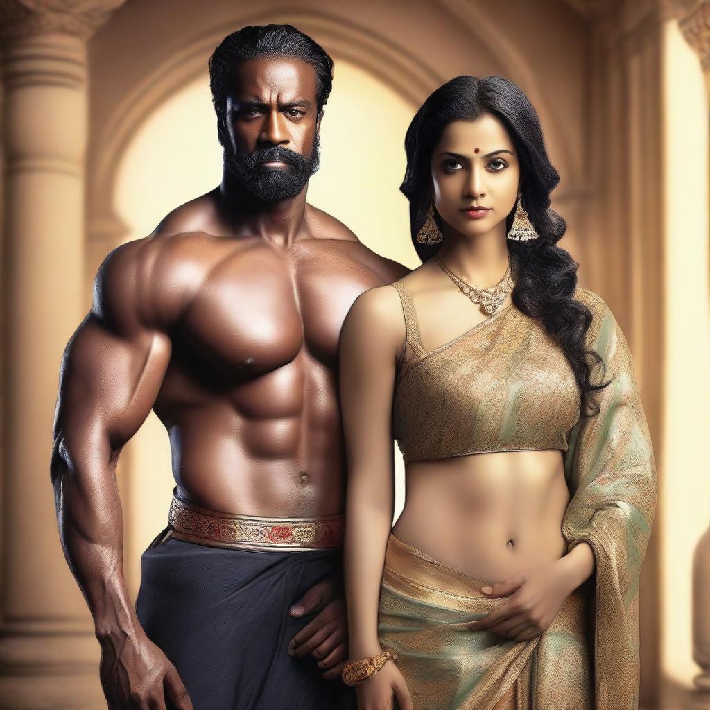 A muscular black man standing next to an Indian actress dressed in a saree, with her navel visible