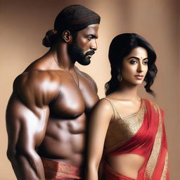 A muscular black man standing next to an Indian actress dressed in a saree, with her navel visible