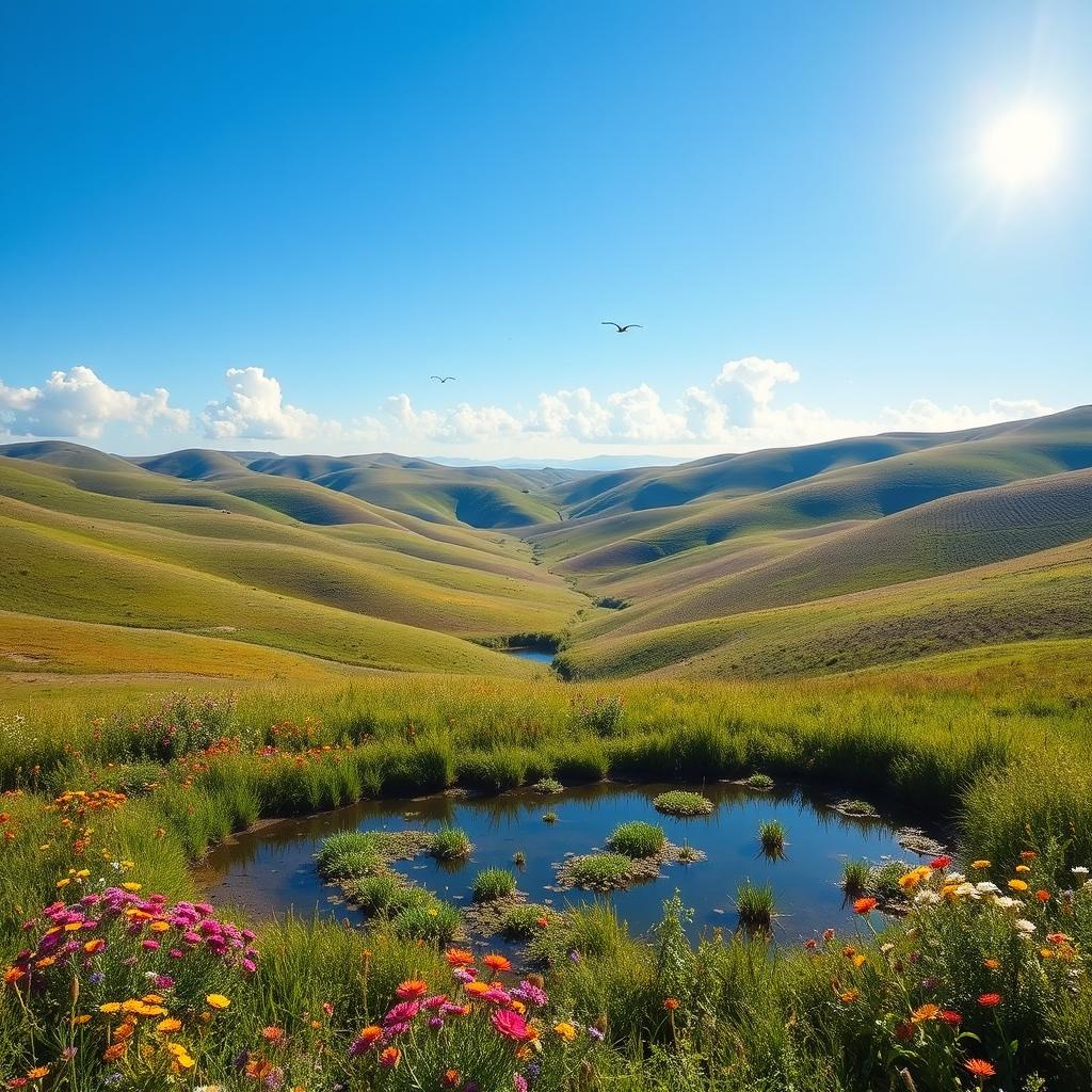 A serene landscape with rolling hills, a clear blue sky, and a few fluffy white clouds