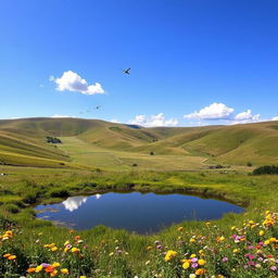 A serene landscape with rolling hills, a clear blue sky, and a few fluffy white clouds