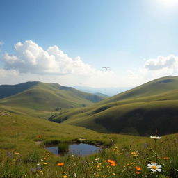 A serene landscape with rolling hills, a clear blue sky, and a few fluffy white clouds