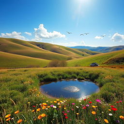 A serene landscape with rolling hills, a clear blue sky, and a few fluffy white clouds