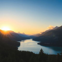 A beautiful landscape featuring a serene lake surrounded by mountains and a forest