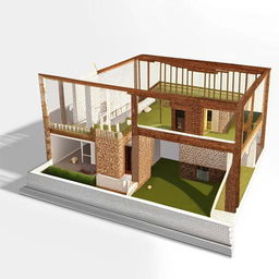 A 3D composition of a colonial and modern mixed habitat plan with an interpenetration of forms. Highlight the interaction and harmonious fusion between the two architectural styles.