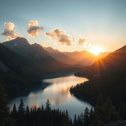 A beautiful landscape featuring a serene lake surrounded by mountains and a forest