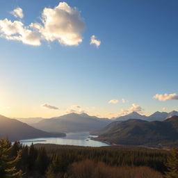 A beautiful landscape featuring a serene lake surrounded by mountains and a forest