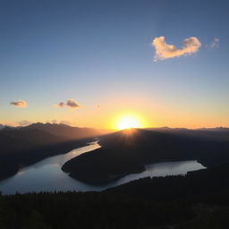 A beautiful landscape featuring a serene lake surrounded by mountains and a forest