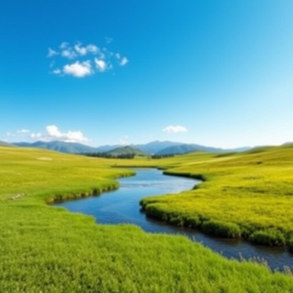 A serene landscape with a clear blue sky, lush green meadows, and a calm river flowing through it