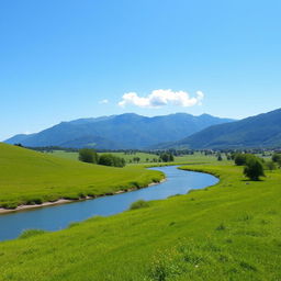 A serene landscape with a clear blue sky, lush green meadows, and a calm river flowing through it