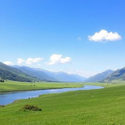 A serene landscape with a clear blue sky, lush green meadows, and a calm river flowing through it