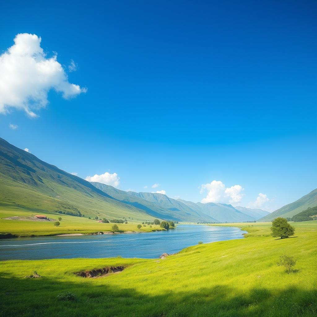 A serene landscape with a clear blue sky, lush green meadows, and a calm river flowing through it