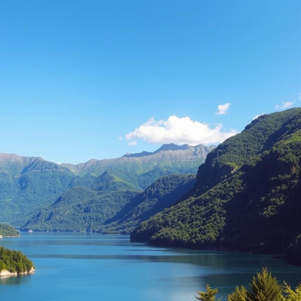 A beautiful landscape featuring a serene lake surrounded by lush green mountains under a clear blue sky