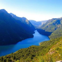 A beautiful landscape featuring a serene lake surrounded by lush green mountains under a clear blue sky