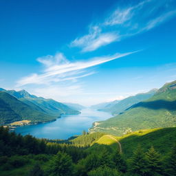 A beautiful landscape featuring a serene lake surrounded by lush green mountains under a clear blue sky