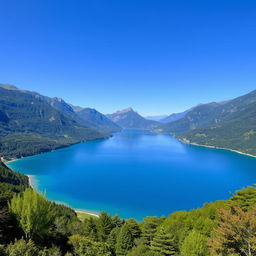 A beautiful landscape featuring a serene lake surrounded by lush green mountains under a clear blue sky